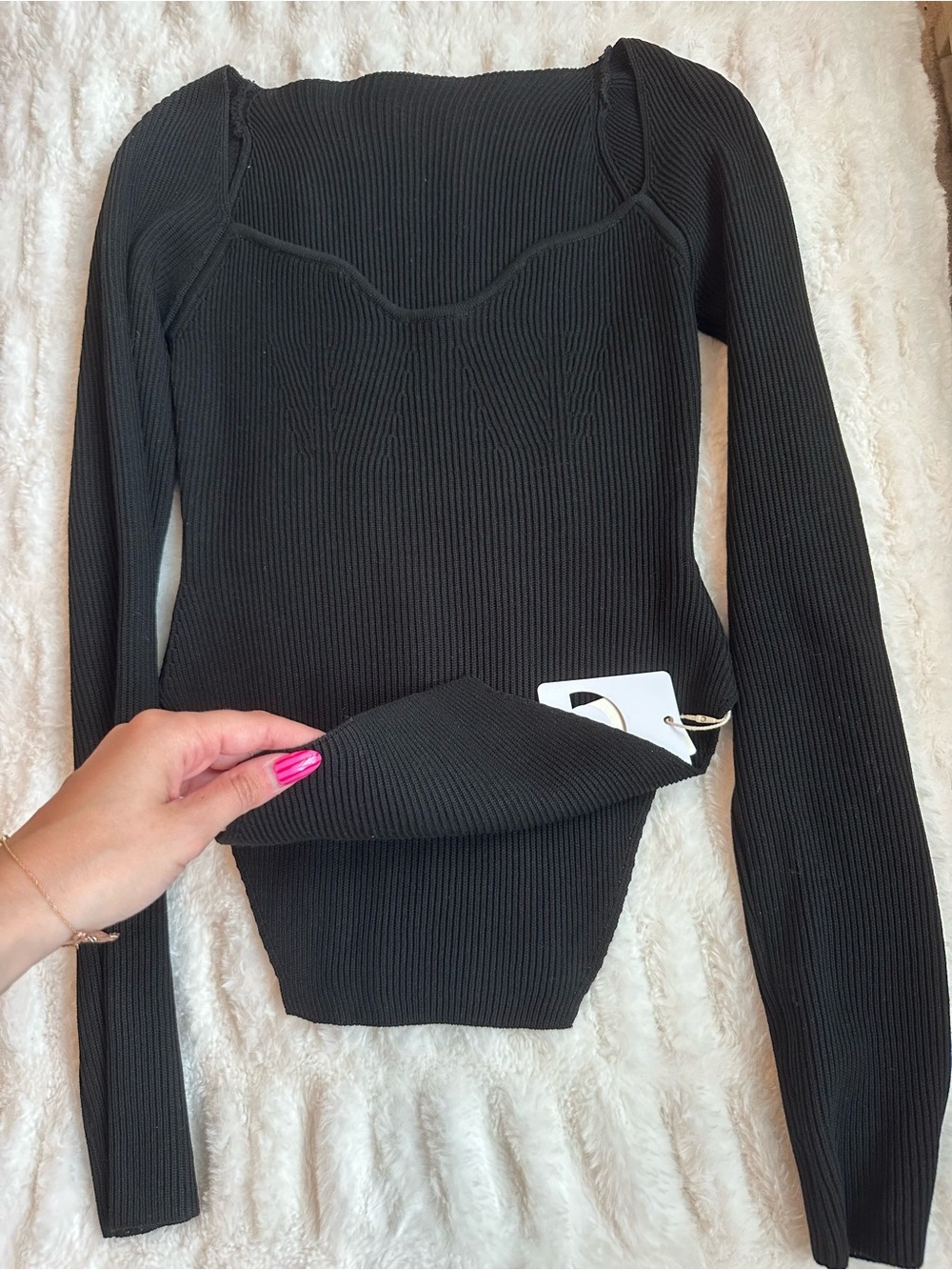 NWT Commense Sweetheart Long Sleeve Knit Top in Black Size M - Picture 2 of 5